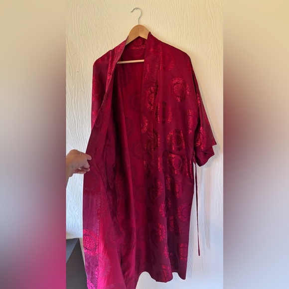 Vintage Authentic Silk Burgundy Maroon Wine Red Kimono Robe Duster Jacket - Picture 7 of 13